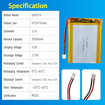 505573 3.7V Lipo Battery 2500mAh 505573 Rechargeable Lithium - size: 505573 2500mAh