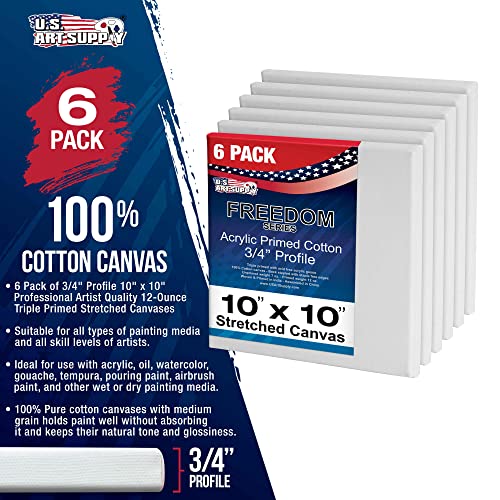 U.S. Art Supply 10"x10" Stretched Canvas for Painting, 3/4" Profile, 6-Pack - size: 10" x 10"