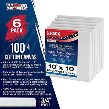 U.S. Art Supply 10"x10" Stretched Canvas for Painting, 3/4" Profile, 6-Pack - size: 10" x 10"