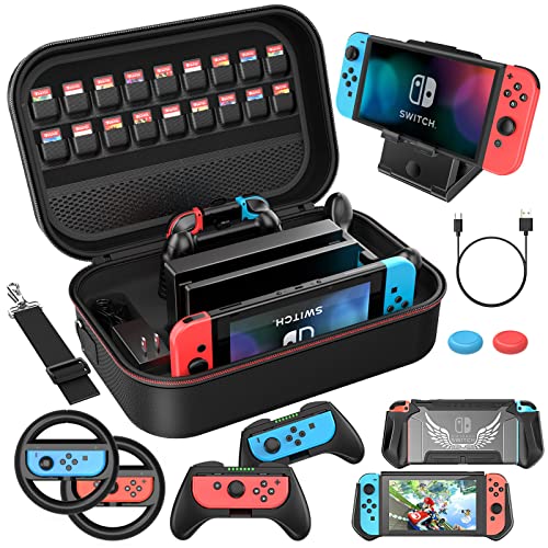 HEYSTOP Switch Accessories Bundle 12 in 1 Compatible with Nintendo Switch, Gift Kit with Carrying Case, Protective Case Cover, Screen Protector, PlayStand, Joycon Grip & More (Black)