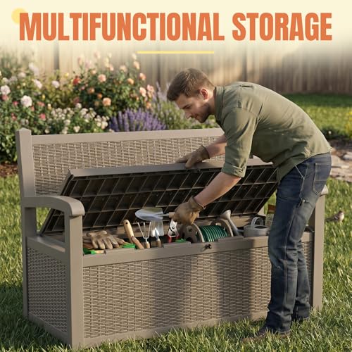 Storage Bench Outdoor Deck Box, 100 Gallon Lockable Patio Furniture, Grey