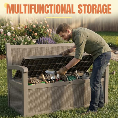 Storage Bench Outdoor Deck Box, 100 Gallon Lockable Patio Furniture, Grey