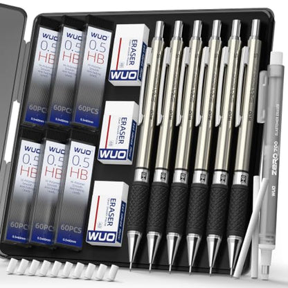 WUO 0.5 mm Mechanical Pencil Set with Eraser Pen Storage Case, 6 PCS - color: Black 4 - 0.5mm (6 Pack)