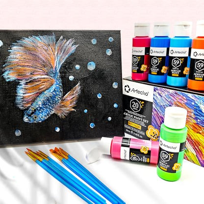 Artecho Acrylic Paint Set 20 Metallic Colors 2oz/59ml with 10 Brushes - color: 20 Metallic Colors