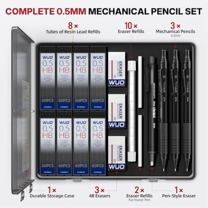 WUO 0.5mm Mechanical Pencil Set, 3 Pack Black Metal Drafting Pencils - color: Black, size: 0.5