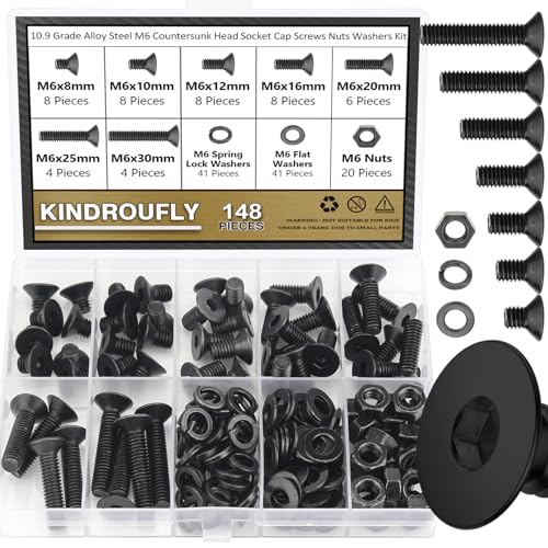 148 Pieces Black M6 x 8/10 /12/16 /20/25 /30mm Countersunk Head Socket Cap Screws Nuts Washers Assortment Kit, 10.9 Grade Alloy Steel - size: M6, style: Countersunk Head