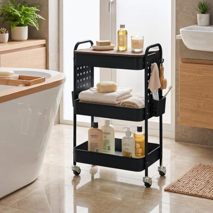 3 Tier Rolling Cart with DIY Pegboard, Metal Utility Cart with Table top - color: Black With Pegboard