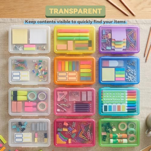 novelinks 5x8 Inch Plastic Pencil Box, Small Clear Storage Bins with Lids - size: 12 Pack