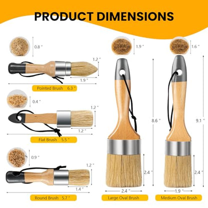 Chalk Paint Brush, Wax Paint Brush Set of 5, Natural Bristle - size: 1 Large + 1 Medium + 3 Small, 5 Pack