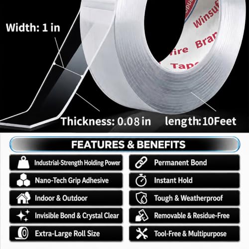 Nano Double-Sided Mounting Tape, Multipurpose Removable AdhesiveTape for Carpet Mats,Paste Items,Photos Frames,Craft Wall Mounting，1 inch, 10FT
