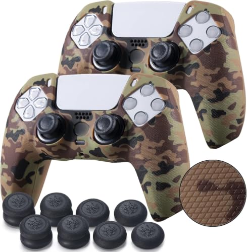 YoRHa Grip Texture Silicone Skin for PS5 Controller x 2(Brown Camouflage) with Pro Thumb Grips x 8
