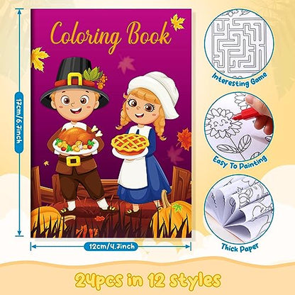 BenLouis 24 Thanksgiving Mini Coloring Books with 24 Crayons for Kids Bulk - style: Thanksgiving