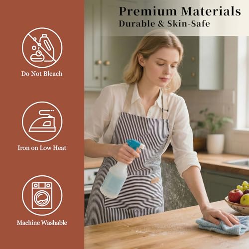 2 Pack Cooking Aprons Adjustable Bib Apron for Women with 2 Pockets, Kitchen Restaurant Men Chefs Aprons - color: Pink/Beige Stripes