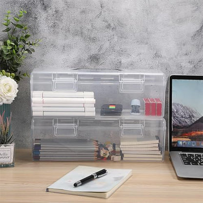 BTSKY 2 PCS Extra Long Plastic Pencil Box Portable Clear Home Utility Boxes with Black Handle Stationery Storage Organizer Utility Painting Tool Storage Container for Marker Sticky-Note Craft Supplies