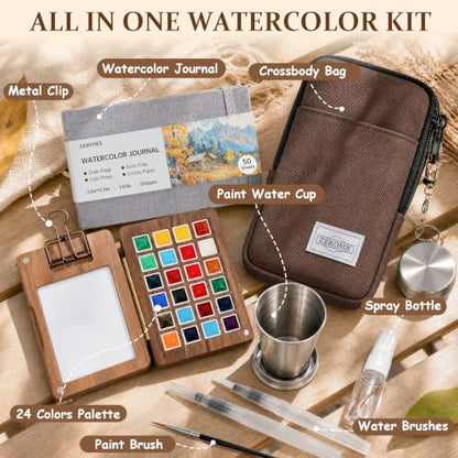 Mini Watercolor Paint Set, 24 Colors Travel Watercolor Set - color: Brown