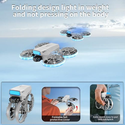 foldable mini drone, high-definition camera drone, quadcopter aircraft, 2.4-inch foldable remote control, 2 batteries and carrying case - safety propeller protection device, equipped with LED body light, weighing less than 250 grams, lightweight and porta