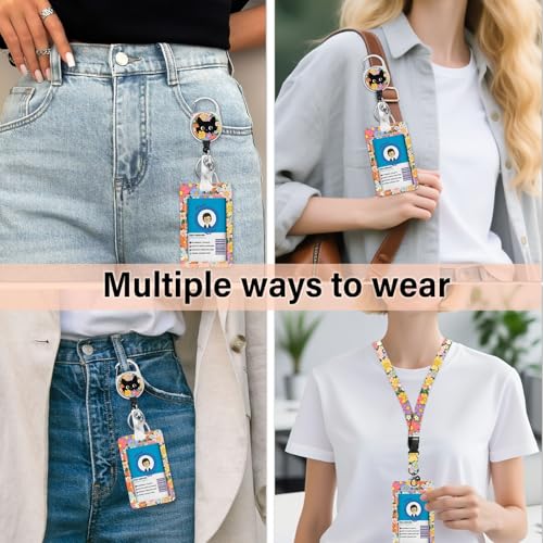 Black Cat Flower Lanyards for Badges, Cute ID Badge Holder - color: Cat Flower