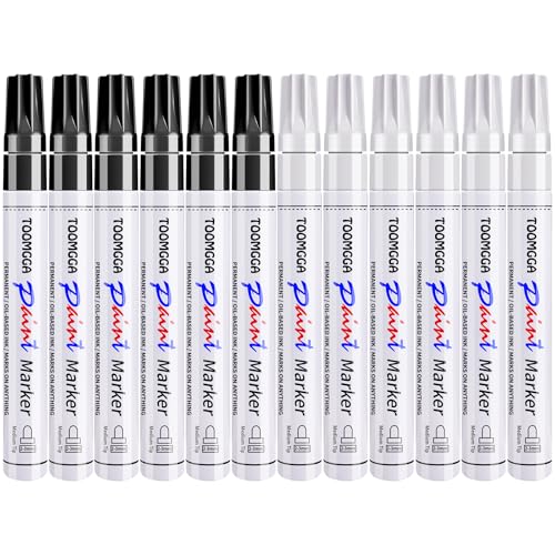TOOMGGA 12 White and Black Permanent Markers Paint Pens, Oil Based Medium - color: Balck&White