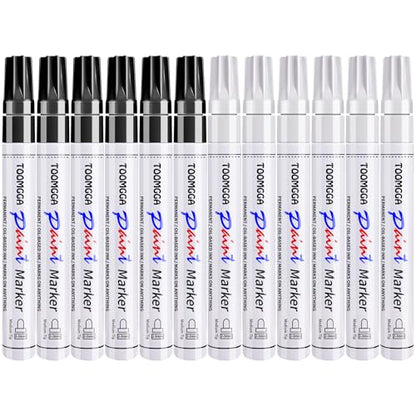 TOOMGGA 12 White and Black Permanent Markers Paint Pens, Oil Based Medium - color: Balck&White