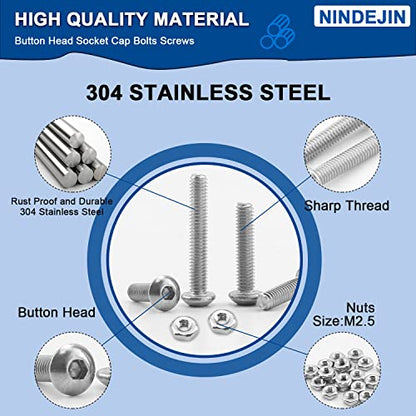 NINDEJIN 322 Pcs M2.5 Small Metric Button Head Socket Cap Screws Bolts Set - size: 322Pcs M2.5 3mm-20mm