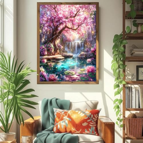 ICYANART Dream Tree Paint by Numbers Kit for Adults, Fantasy Waterfall Pink - color: Dream Tree