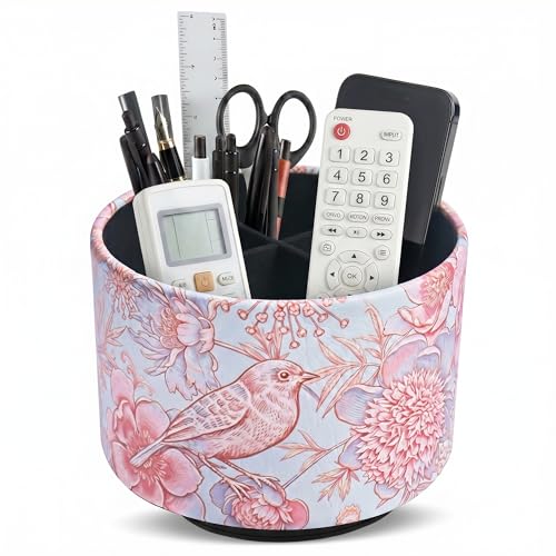 Round Leather Art Supply Organizer,Remote Control Holder,360 Degree Spinning,Multi-Functional Pencil Holder,4 Compartments Desktop Stationary Organizer(1-Pink Blue Bird) - color: 1-Pink Blue Bird