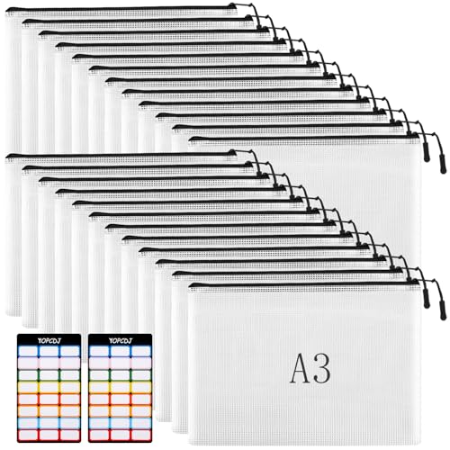 YOPCDJ 24pcs Mesh Zipper Pouches, A3 Size 17 x 12 inches Waterproof Black Zipper Bags, Water-Resistant Plastic Zipper Pouch for School Office Supplies, Puzzles & Games Organizing Storage - color: Black, size: A3