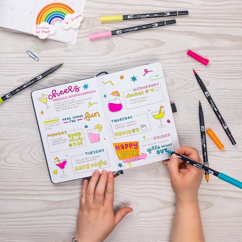 Tombow 56243 Dual Brush Pen Art Markers, Happy Hour, 6-Pack. Brush/Fine Tip