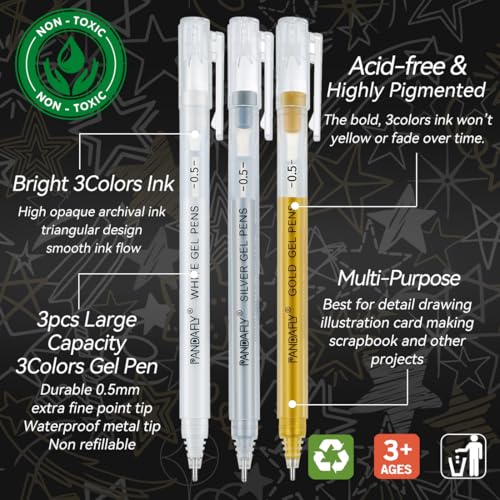 PANDAFLY Gold Silver White Gel Pens, 3-Pack, 0.5mm Fine Point - style: Gold Silver White-0.5mm