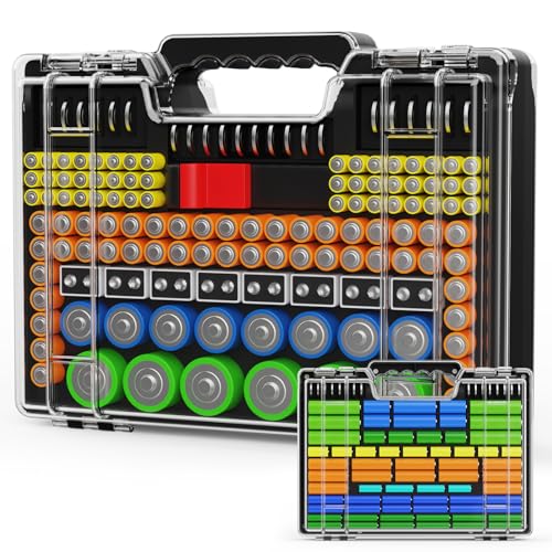 Battery Organizer Storage Holder Box Case with Tester, Stores & Protects Up to 260 Batteries, Double-Sided, Clear Locking Lid, Secure Latches & Portable Carrying Handle (Batteries Not Included) - color: Black