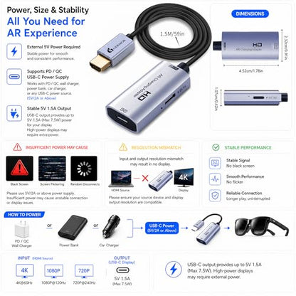 Guermok HDMI to USB C Video Display Adapter, 4.9ft AR Glasses Hub, 4K@60Hz - color: Silver, size: 4.9FT