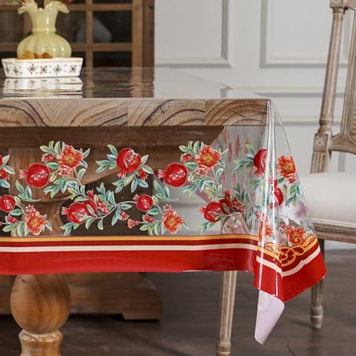 ARTABLE Clear Vinyl Tablecloth Pomegranate Floral Print Wipeable 52x70 Inch - color: Pomegranate, size: 70" x 52" (Rectangular)
