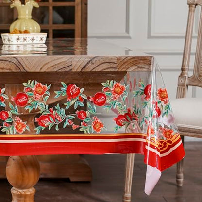 ARTABLE Clear Vinyl Tablecloth Pomegranate Floral Print Wipeable 52x70 Inch - color: Pomegranate, size: 70" x 52" (Rectangular)
