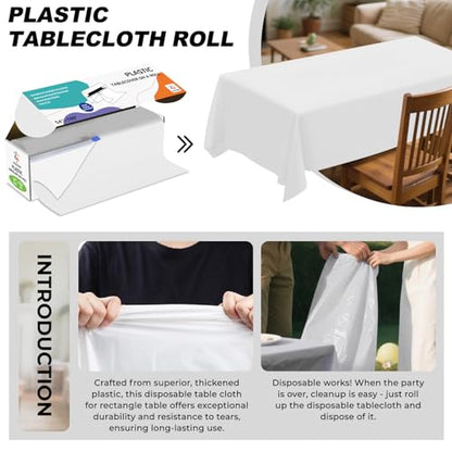 54IN X 160FT Plastic Table Cover Roll with Cutter Box, Cut to Size Plastic Table Cloths for Parties, Birthday, (White, 54"x1920") - color: White, size: 1920" x 54" (Rectangular)