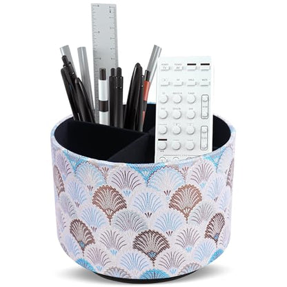 Round Leather Art Supply Organizer,Remote Control Holder,360-degree Rotating Pen Organizer with 4 Compartments(1-Peacock White) - color: 1-5Peacock White
