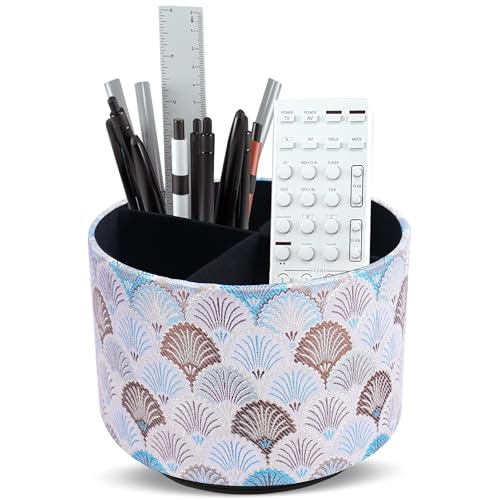 Round Leather Art Supply Organizer,Remote Control Holder,360-degree Rotating Pen Organizer with 4 Compartments(1-Peacock White) - color: 1-5Peacock White