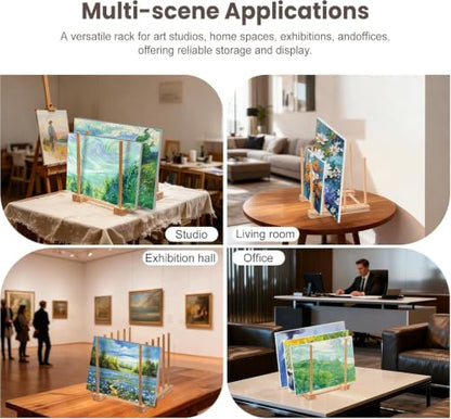 Adjustable Spacing Tabletop Art Drying Rack, Wooden Display Organizer for 10” to 36” Canvases, Compact & Stable Studio Storage for Paintings, Prints, Home Office