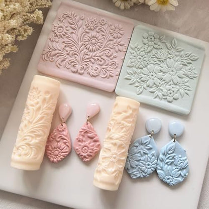 4Pcs Polymer Clay Texture Roller Work with Polymer Clay Cutters for DIY Earrings Jewelry Making Craft Supplies