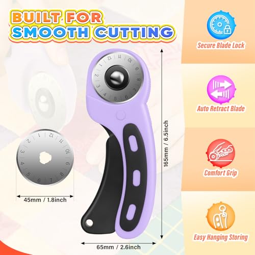 DIYSELF Rotary Cutter for Fabric, Fabric Cutter with 5 Rotary Blades 45 mm - color: Purple