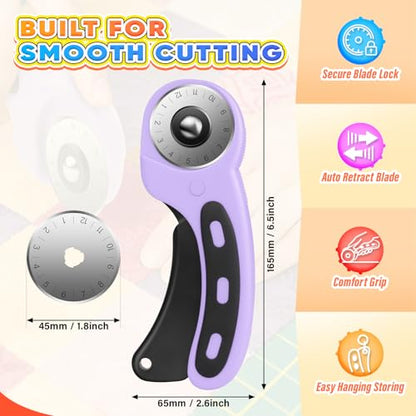 DIYSELF Rotary Cutter for Fabric, Fabric Cutter with 5 Rotary Blades 45 mm - color: Purple