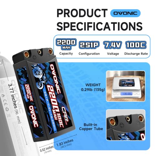 OVONIC 2S HardCase Lipo Battery 7.4V 2200mAh 120C with 5.0 Bullet Dean-Style T Connector for RC Car Truck Vehicles Boat Drone Airplane Quadcopter Helicopter FPV Racing Hobby Models 2 Batteries