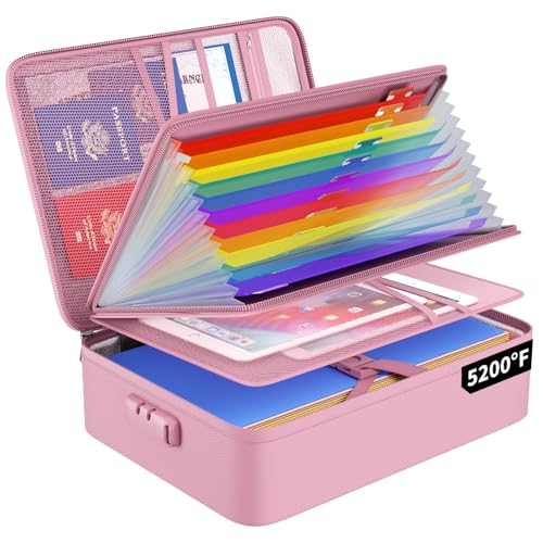 ENGPOW Fireproof File Organizer Bag with 13 Pockets Accordion File Folder - color: Pink, size: 15.1" x 11.2" x 4.3",Colorful