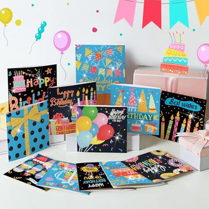 Saillong 12 Pack Black Happy Birthday Diamond Art Card with Envelopes - color: Birthday