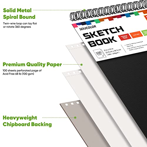 Soucolor Artist 9x12 Sketch Book Set, 4 Pack 400-Sheet Spiral Drawing Pads - color: Black, size: 9" x 12" (Pack of 4)