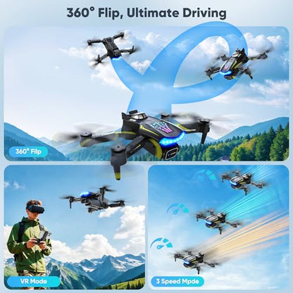 Drone with Camera, Dual 720HD, Drone for Kids with Cool Lights, Gestures Control, Vertical Shooting, Waypoint Flight, Gravity Control, 3D Flip, 3-Speeds, Drones for Adults, Beginners, Kids