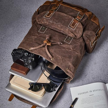 Heavy-Duty Waxed Canvas Rucksack Backpack - color: Coffee, size: 400 x 340 x 190 mm - Standard