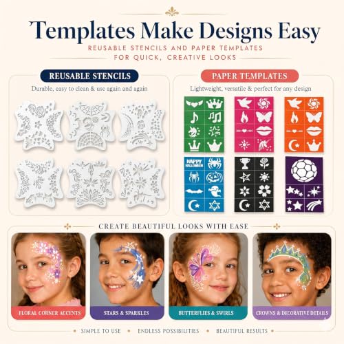 Face Painting Tool Set, 6 Type of Brushes, Stencils, Gems Included