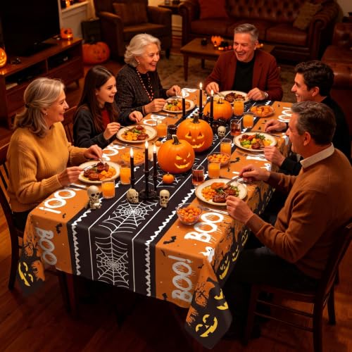 54IN X 320FT Halloween Plastic Table Cover Roll with Cutter Box, Cut to Size Plastic Table Cloths for Parties, Birthday(BOOI Spider Web) - color: Booi Spider Web, size: 3840" x 54" (Rectangular)