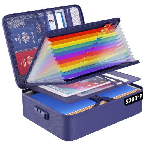 ENGPOW Fireproof File Organizer Bag with 13 Pockets Accordion File Folder - color: Blue, size: 15.1" x 11.2" x 4.3",Colorful