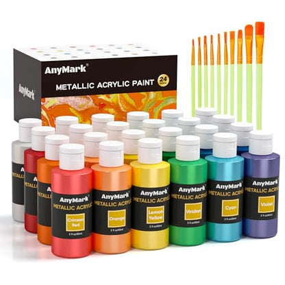AnyMark Metallic Acrylic Paint, 24 Colors Acrylic Paint Set with 10 Brushes - color: Metallic